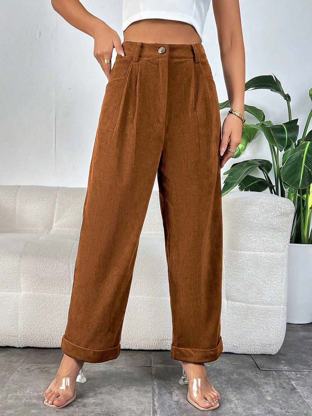 H&M High Waist Corduroy Straight Leg Chic Pants with Pockets